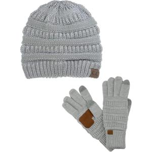 imageUnisex Soft Stretch Cable Knit Beanie and AntiSlip Touchscreen Gloves 2 Pc SetMetallic Silver