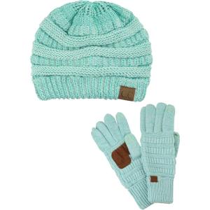imageUnisex Soft Stretch Cable Knit Beanie and AntiSlip Touchscreen Gloves 2 Pc SetMint Metallic