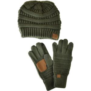 imageUnisex Soft Stretch Cable Knit Beanie and AntiSlip Touchscreen Gloves 2 Pc SetMoss