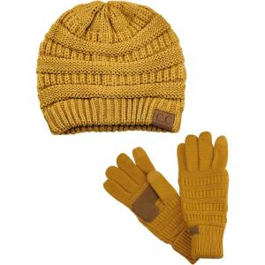 imageUnisex Soft Stretch Cable Knit Beanie and AntiSlip Touchscreen Gloves 2 Pc SetMustard