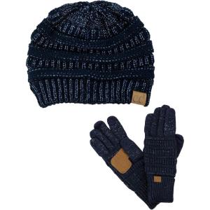 imageUnisex Soft Stretch Cable Knit Beanie and AntiSlip Touchscreen Gloves 2 Pc SetNavy Metallic