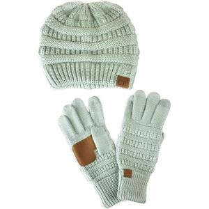 imageUnisex Soft Stretch Cable Knit Beanie and AntiSlip Touchscreen Gloves 2 Pc SetPale Mint
