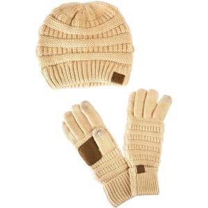 imageUnisex Soft Stretch Cable Knit Beanie and AntiSlip Touchscreen Gloves 2 Pc SetPeanut