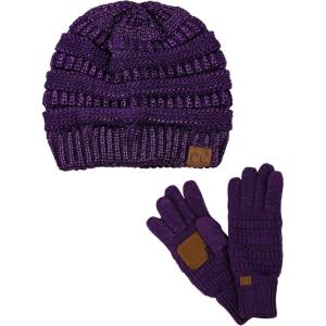 imageUnisex Soft Stretch Cable Knit Beanie and AntiSlip Touchscreen Gloves 2 Pc SetPurple Metallic