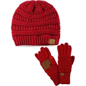 imageUnisex Soft Stretch Cable Knit Beanie and AntiSlip Touchscreen Gloves 2 Pc SetRed