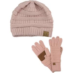 imageUnisex Soft Stretch Cable Knit Beanie and AntiSlip Touchscreen Gloves 2 Pc SetRose