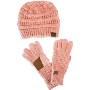 imageUnisex Soft Stretch Cable Knit Beanie and AntiSlip Touchscreen Gloves 2 Pc SetSalmon