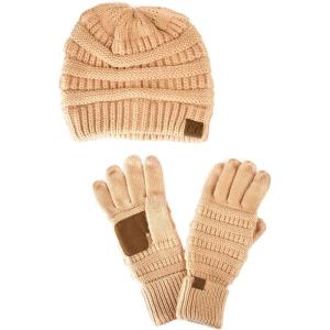 imageUnisex Soft Stretch Cable Knit Beanie and AntiSlip Touchscreen Gloves 2 Pc SetSand