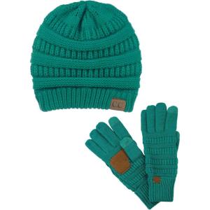 imageUnisex Soft Stretch Cable Knit Beanie and AntiSlip Touchscreen Gloves 2 Pc SetSea Green