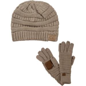 imageUnisex Soft Stretch Cable Knit Beanie and AntiSlip Touchscreen Gloves 2 Pc SetTaupe