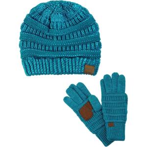 imageUnisex Soft Stretch Cable Knit Beanie and AntiSlip Touchscreen Gloves 2 Pc SetTeal Metallic