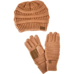 imageUnisex Soft Stretch Cable Knit Beanie and AntiSlip Touchscreen Gloves 2 Pc SetToast Almond