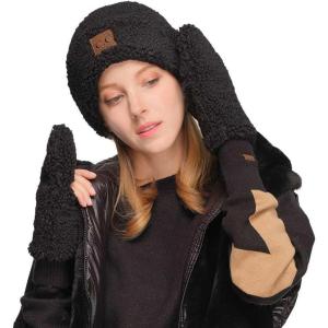 imageCC Women Fuzzy Lined Sherpa Cuff Warm Winter Beanie and Mitten SetBlack
