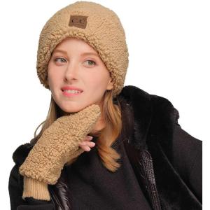 imageCC Women Fuzzy Lined Sherpa Cuff Warm Winter Beanie and Mitten SetDk Camel