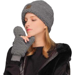 imageCC Women Fuzzy Lined Sherpa Cuff Warm Winter Beanie and Mitten SetGrey