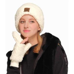 imageCC Women Fuzzy Lined Sherpa Cuff Warm Winter Beanie and Mitten SetIvory