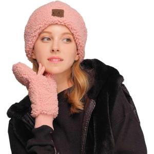 imageCC Women Fuzzy Lined Sherpa Cuff Warm Winter Beanie and Mitten SetRose