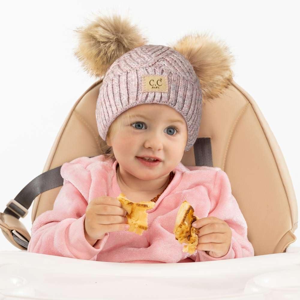 imageCC Kids Babies Soft Stretch Cable Knit Faux Fur Pom Pom Beanie HatCriss Cross Rose Mix
