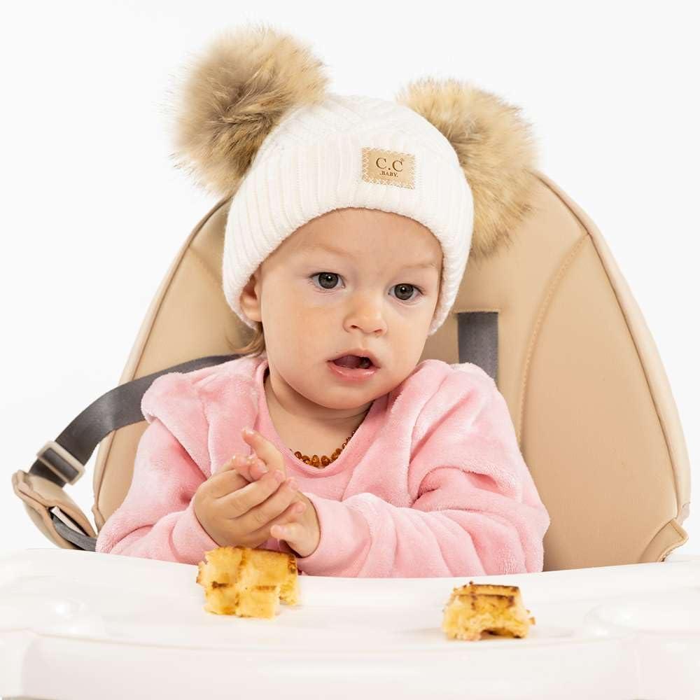 imageCC Kids Babies Soft Stretch Cable Knit Faux Fur Pom Pom Beanie HatCriss Cross White