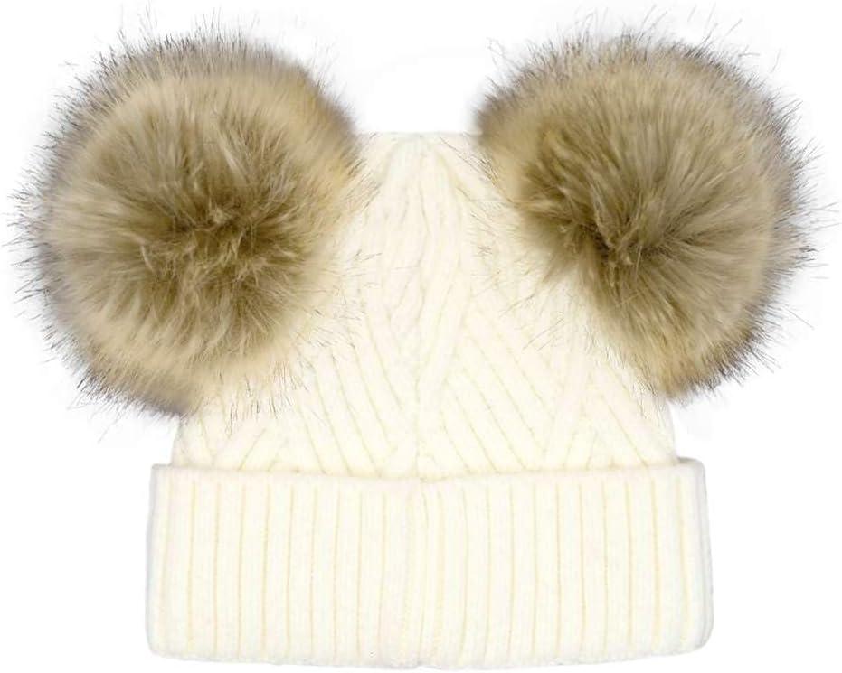 imageCC Kids Babies Soft Stretch Cable Knit Faux Fur Pom Pom Beanie HatCriss Cross White