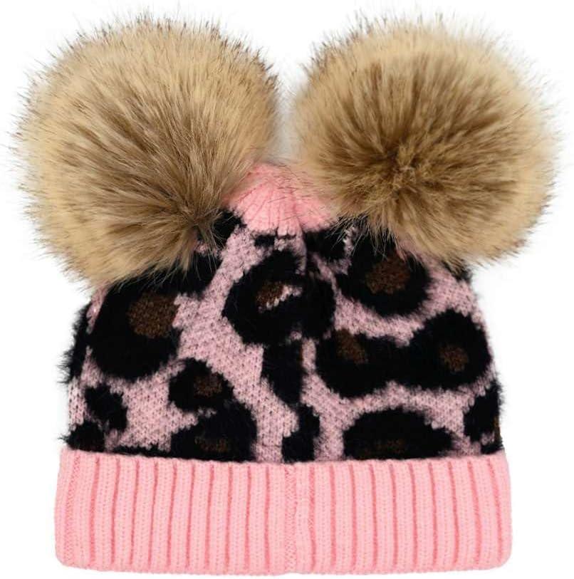 imageCC Kids Babies Soft Stretch Cable Knit Faux Fur Pom Pom Beanie HatLeopard Baby Pink