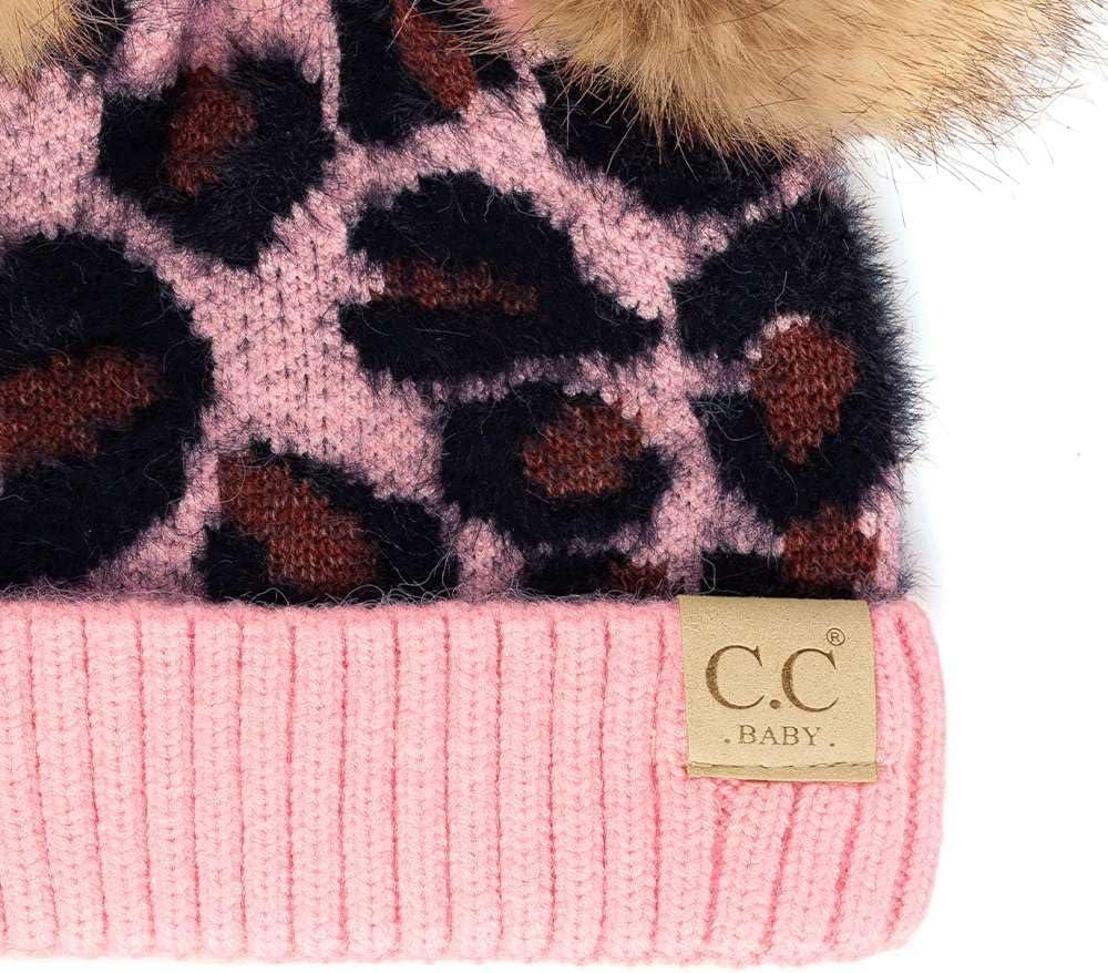 imageCC Kids Babies Soft Stretch Cable Knit Faux Fur Pom Pom Beanie HatLeopard Baby Pink