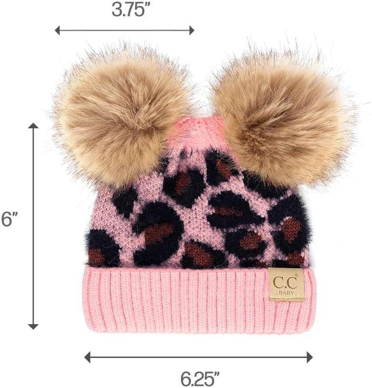 imageCC Kids Babies Soft Stretch Cable Knit Faux Fur Pom Pom Beanie HatLeopard Baby Pink