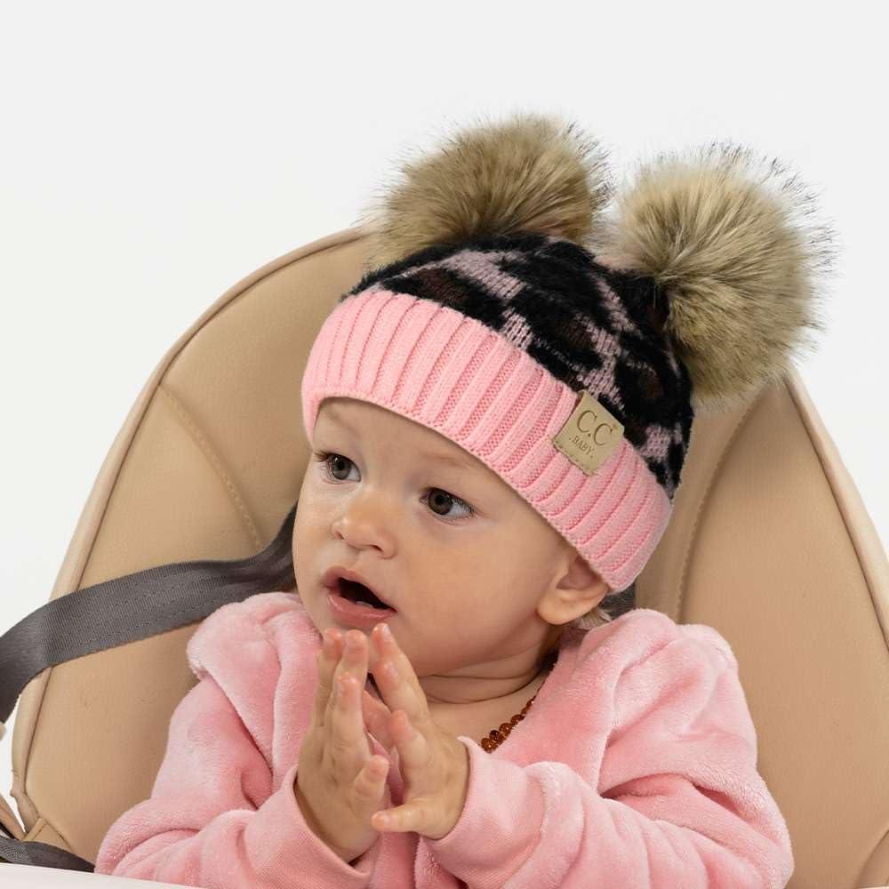 imageCC Kids Babies Soft Stretch Cable Knit Faux Fur Pom Pom Beanie HatLeopard Baby Pink