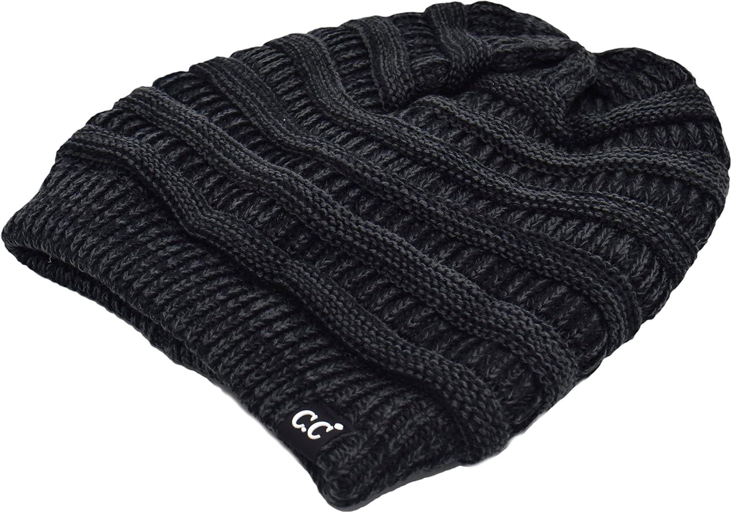 imageCC Winter Oversized Beanie Hat with Fuzzy Lining  Thick Knit Thermal Beanie for Cold Weather Soft Warm Fleece Lined Cap2 Tone Black  Charcoal