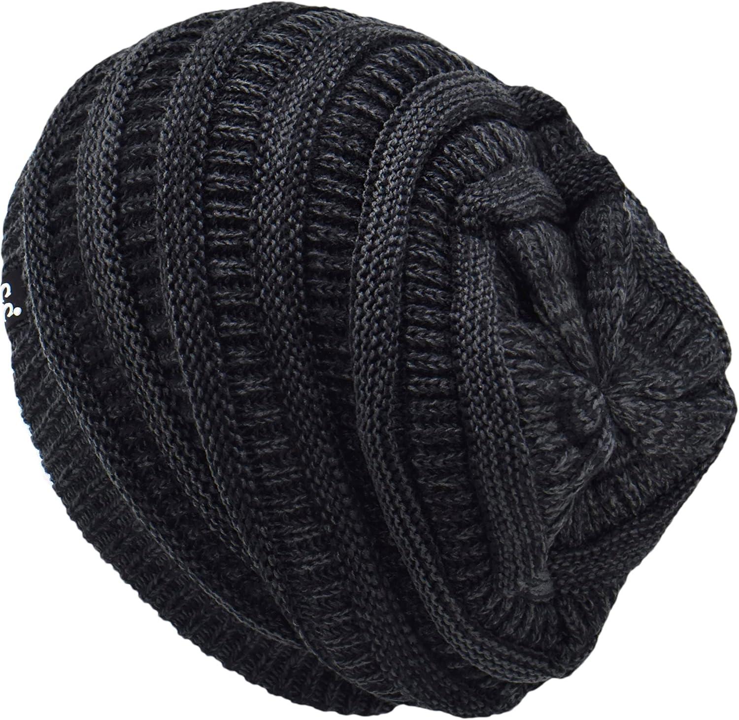 imageCC Winter Oversized Beanie Hat with Fuzzy Lining  Thick Knit Thermal Beanie for Cold Weather Soft Warm Fleece Lined Cap2 Tone Black  Charcoal