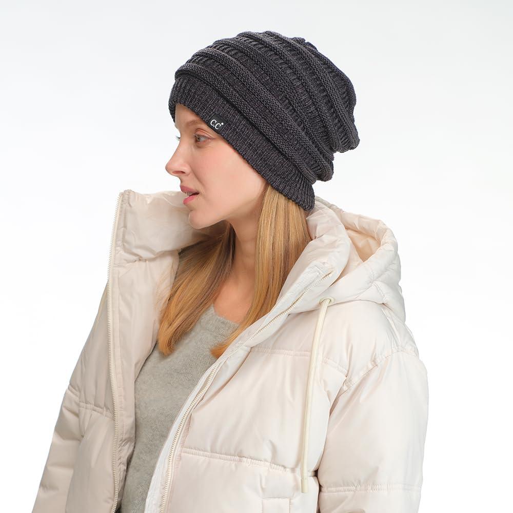 imageCC Winter Oversized Beanie Hat with Fuzzy Lining  Thick Knit Thermal Beanie for Cold Weather Soft Warm Fleece Lined Cap2 Tone Black  Charcoal
