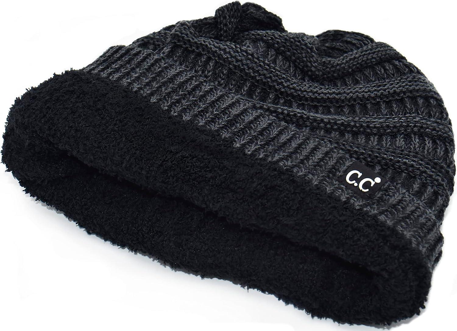 imageCC Winter Oversized Beanie Hat with Fuzzy Lining  Thick Knit Thermal Beanie for Cold Weather Soft Warm Fleece Lined Cap2 Tone Black  Charcoal