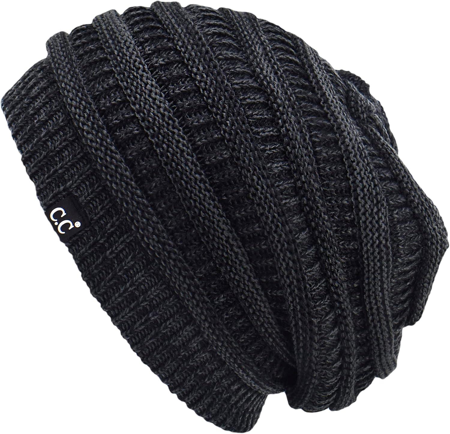 imageCC Winter Oversized Beanie Hat with Fuzzy Lining  Thick Knit Thermal Beanie for Cold Weather Soft Warm Fleece Lined Cap2 Tone Black  Charcoal