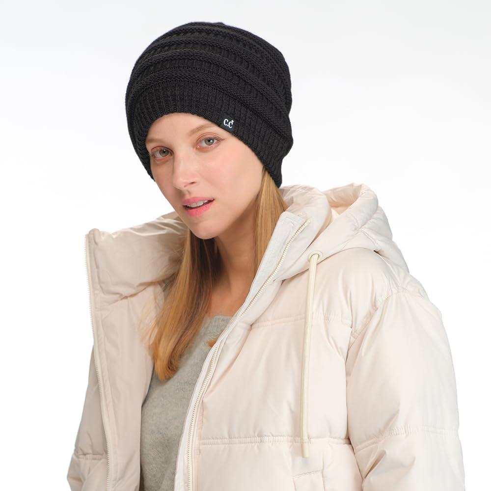 imageCC Winter Oversized Beanie Hat with Fuzzy Lining  Thick Knit Thermal Beanie for Cold Weather Soft Warm Fleece Lined CapBlack