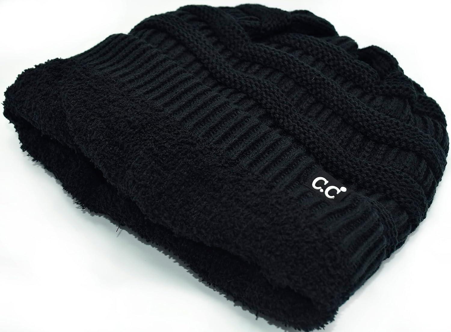imageCC Winter Oversized Beanie Hat with Fuzzy Lining  Thick Knit Thermal Beanie for Cold Weather Soft Warm Fleece Lined CapBlack