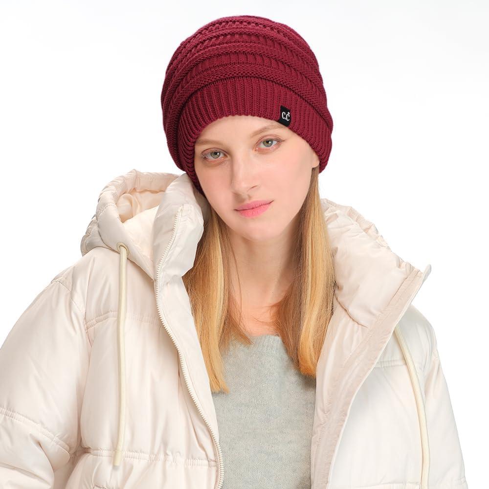 imageCC Winter Oversized Beanie Hat with Fuzzy Lining  Thick Knit Thermal Beanie for Cold Weather Soft Warm Fleece Lined CapBurgundy