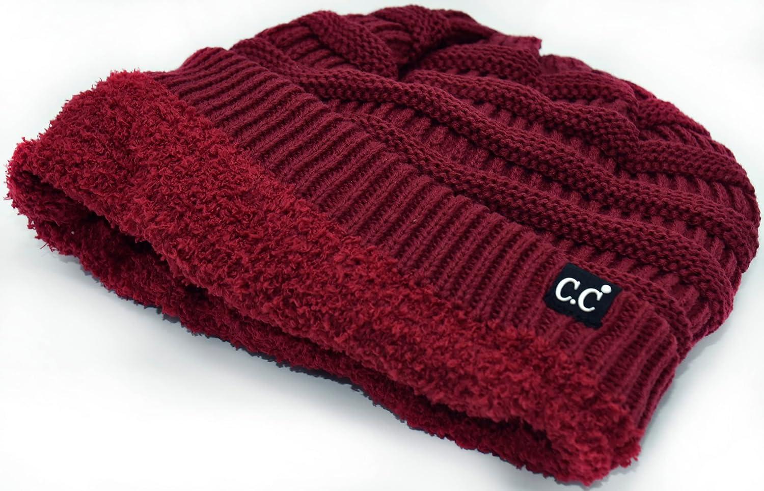 imageCC Winter Oversized Beanie Hat with Fuzzy Lining  Thick Knit Thermal Beanie for Cold Weather Soft Warm Fleece Lined CapBurgundy