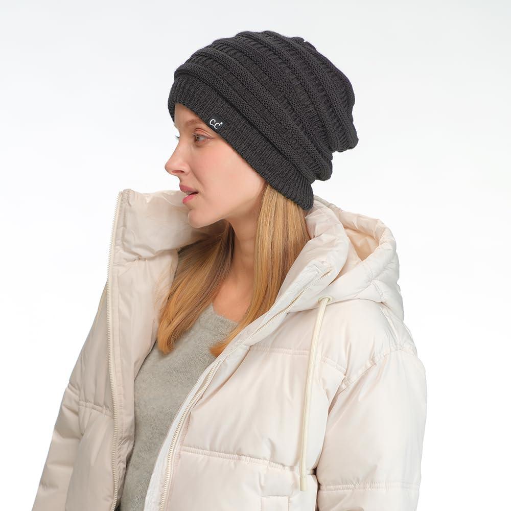 imageCC Winter Oversized Beanie Hat with Fuzzy Lining  Thick Knit Thermal Beanie for Cold Weather Soft Warm Fleece Lined CapCharcoal Grey