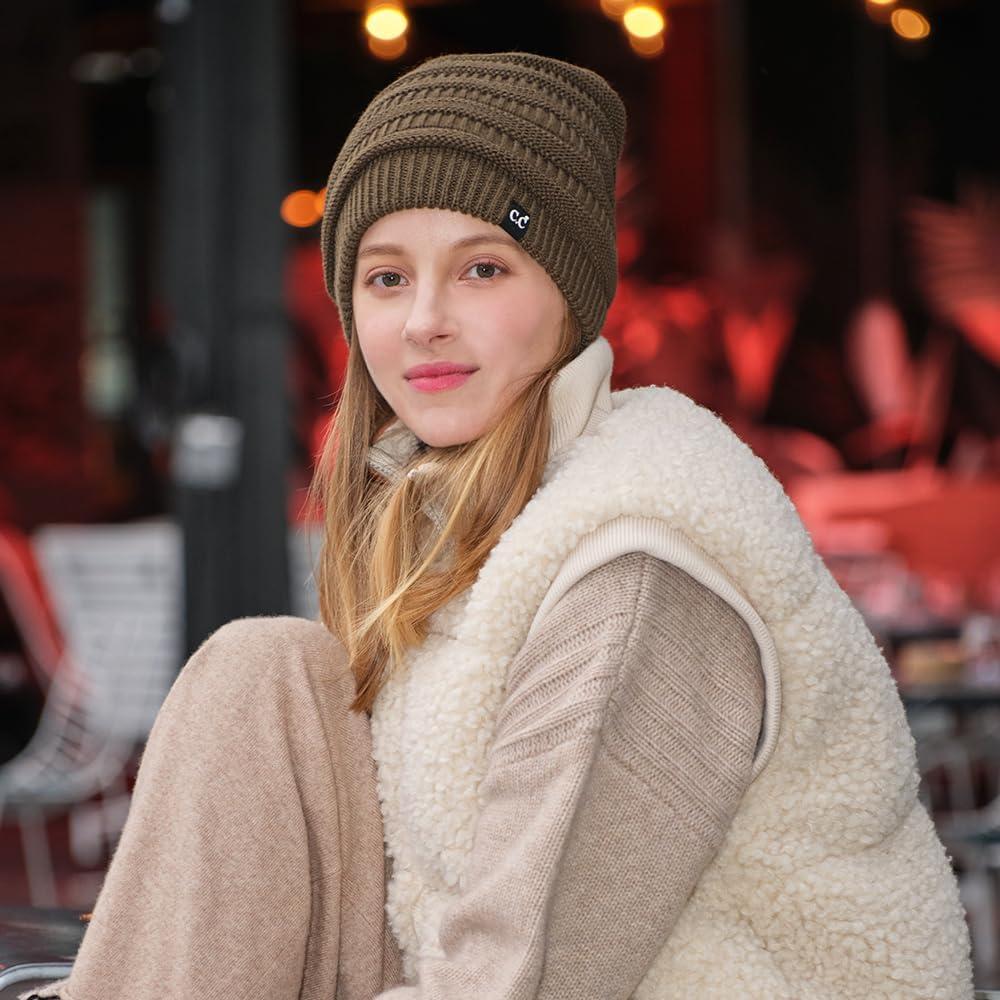 imageCC Winter Oversized Beanie Hat with Fuzzy Lining  Thick Knit Thermal Beanie for Cold Weather Soft Warm Fleece Lined CapDark Green