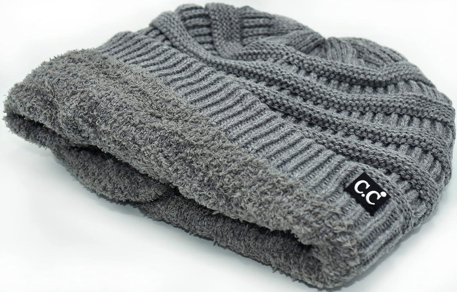 imageCC Winter Oversized Beanie Hat with Fuzzy Lining  Thick Knit Thermal Beanie for Cold Weather Soft Warm Fleece Lined CapLight Melange Grey