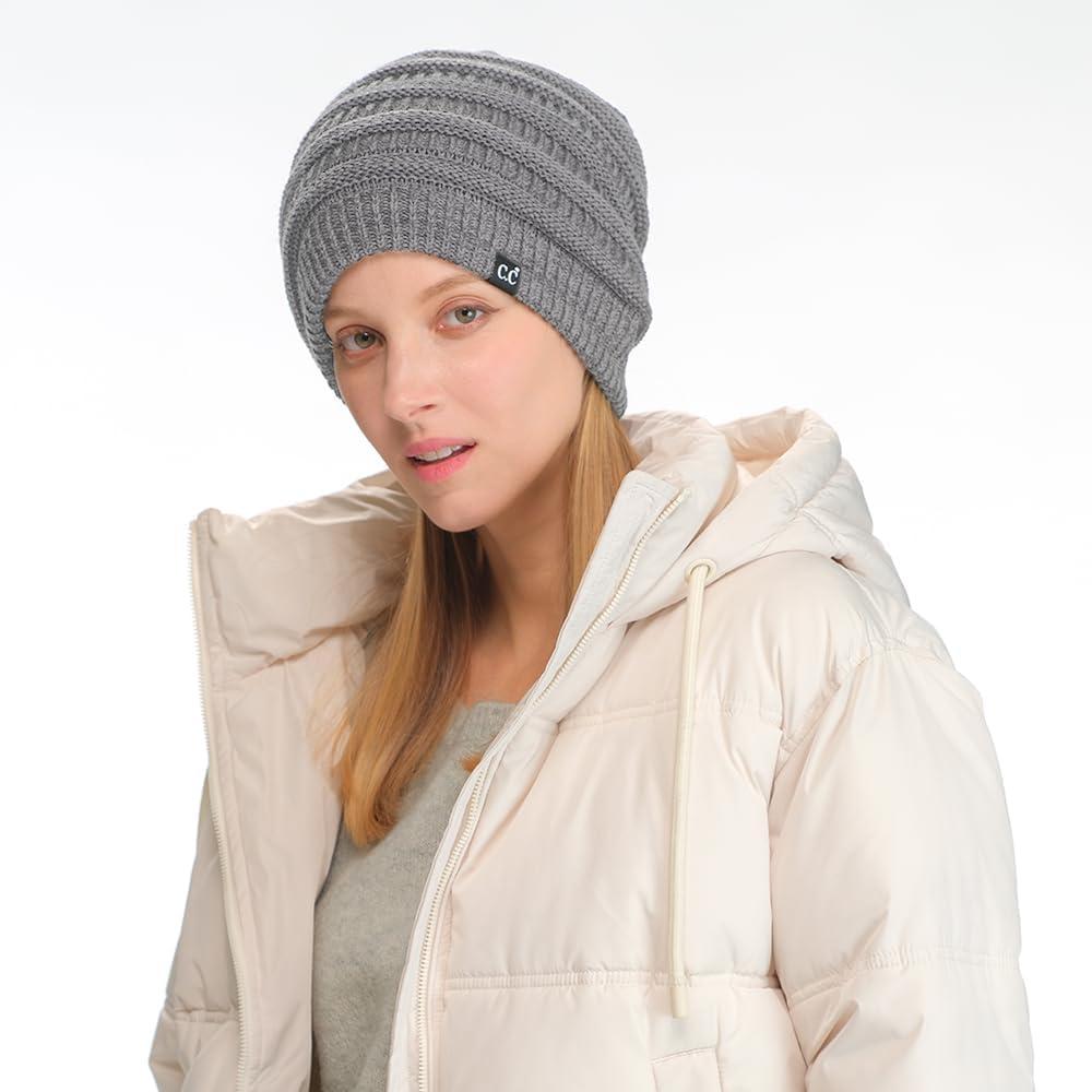 imageCC Winter Oversized Beanie Hat with Fuzzy Lining  Thick Knit Thermal Beanie for Cold Weather Soft Warm Fleece Lined CapLight Melange Grey
