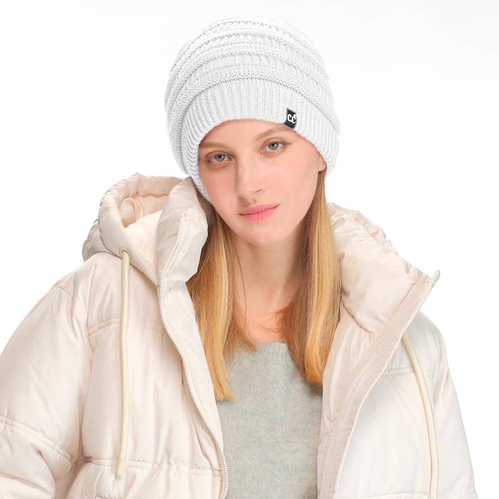 imageCC Winter Oversized Beanie Hat with Fuzzy Lining  Thick Knit Thermal Beanie for Cold Weather Soft Warm Fleece Lined CapWhite