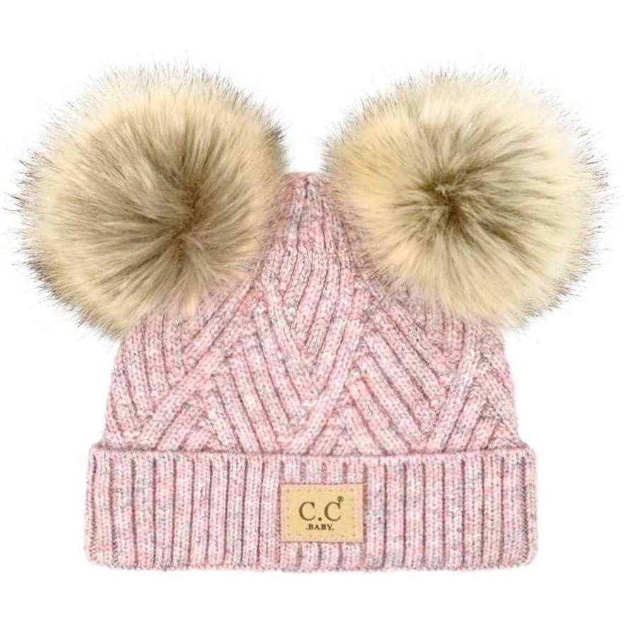 imageCC Kids Babies Soft Stretch Cable Knit Faux Fur Pom Pom Beanie HatCriss Cross Rose Mix