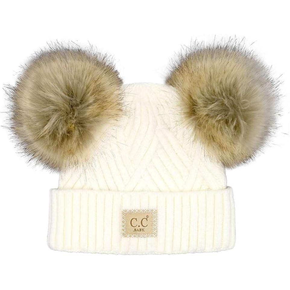 imageCC Kids Babies Soft Stretch Cable Knit Faux Fur Pom Pom Beanie HatCriss Cross White