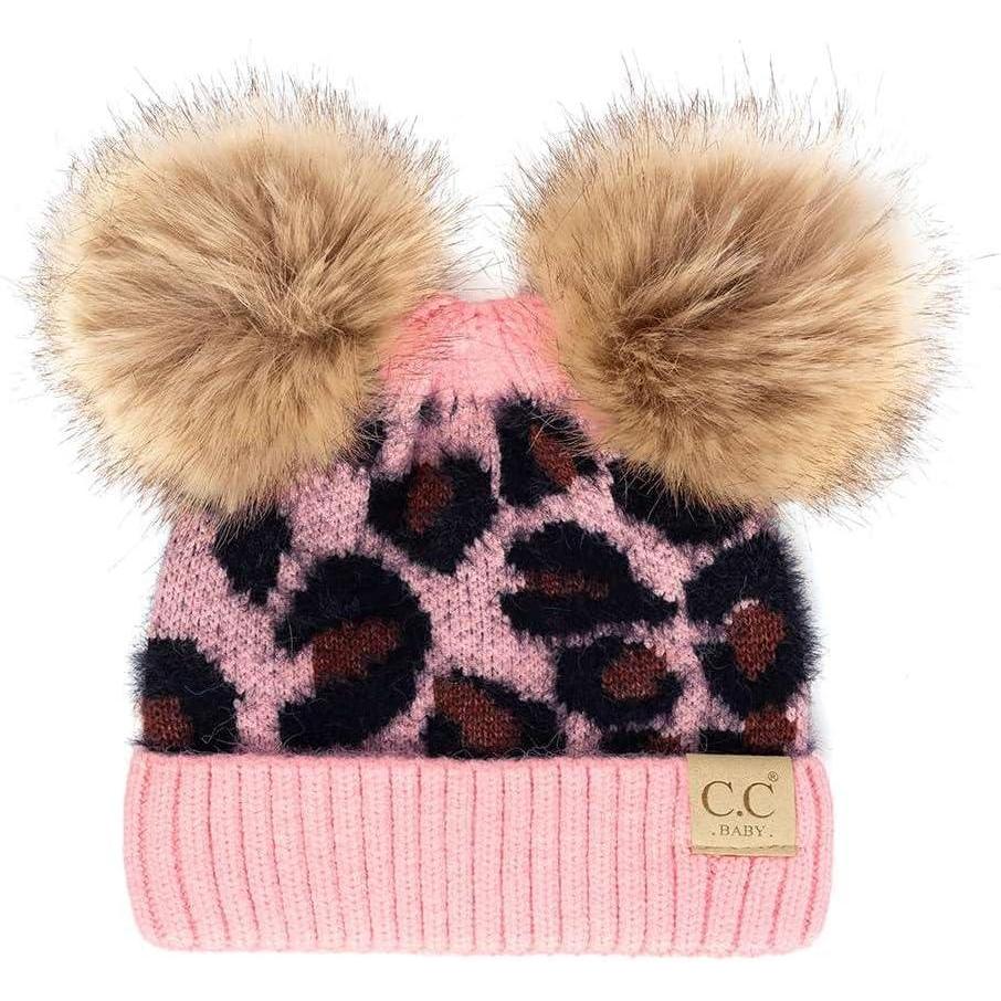 imageCC Kids Babies Soft Stretch Cable Knit Faux Fur Pom Pom Beanie HatLeopard Baby Pink