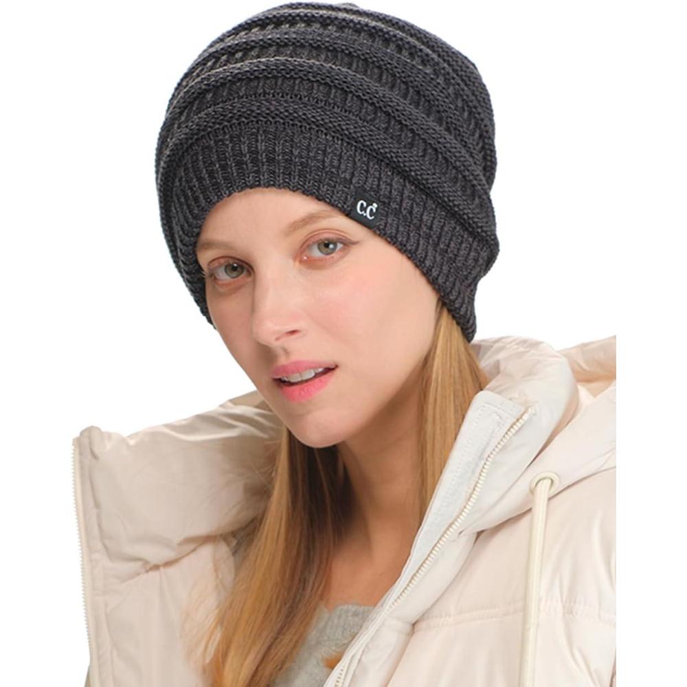 imageCC Winter Oversized Beanie Hat with Fuzzy Lining  Thick Knit Thermal Beanie for Cold Weather Soft Warm Fleece Lined Cap2 Tone Black  Charcoal