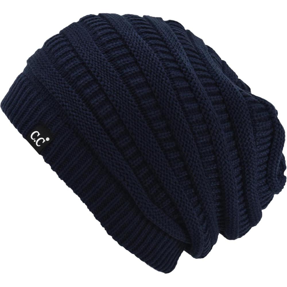 imageCC Winter Oversized Beanie Hat with Fuzzy Lining  Thick Knit Thermal Beanie for Cold Weather Soft Warm Fleece Lined CapNavy Blue