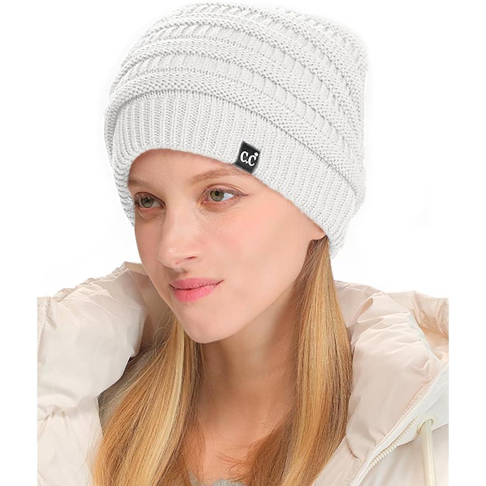 imageCC Winter Oversized Beanie Hat with Fuzzy Lining  Thick Knit Thermal Beanie for Cold Weather Soft Warm Fleece Lined CapWhite