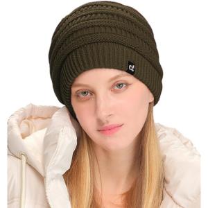 imageCC Winter Oversized Beanie Hat with Fuzzy Lining  Thick Knit Thermal Beanie for Cold Weather Soft Warm Fleece Lined CapDark Green