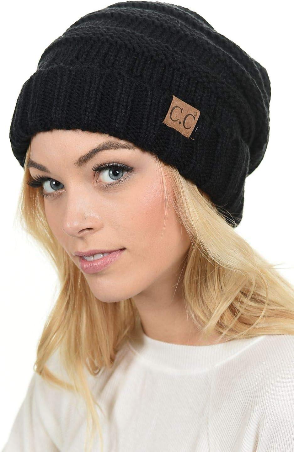 imageCC Hat100 Oversized Baggy Slouch Thick Warm Cap Hat Skully Cable Knit BeanieBlack